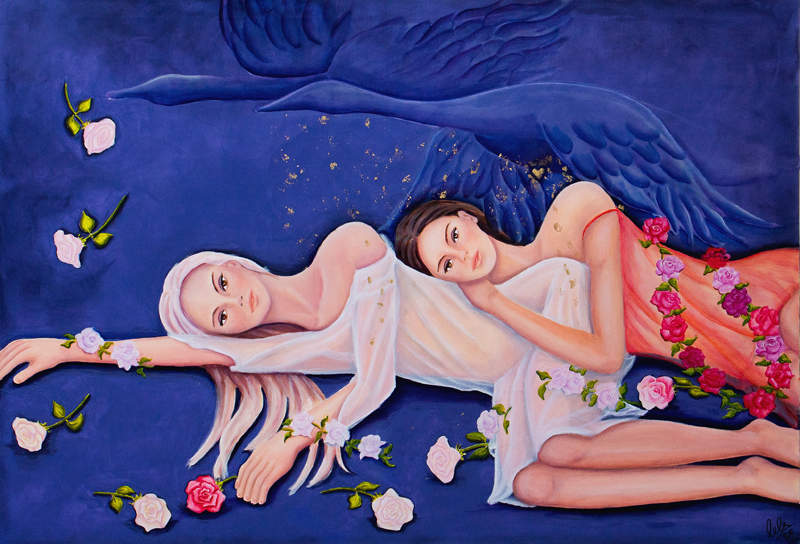 Poetische  Malerei Liebe Trauer Schwan Rosen Laurette Ariane Laurette-art