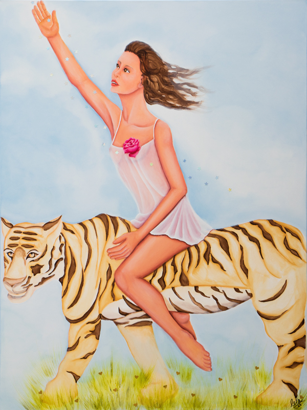 Poetische spirituelle Malerei Frau Tiger Sterne Rose Liebe Laurette Ariane Laurette-art