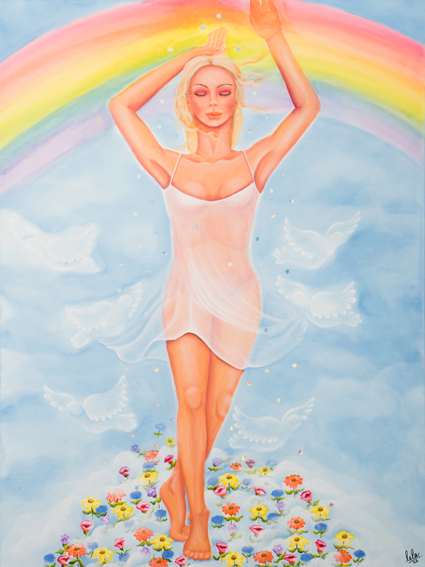Spirituelle Malerei Frau Regenbogen Blumen Tauben Sterne Trauer Laurette Ariane Laurette-art
