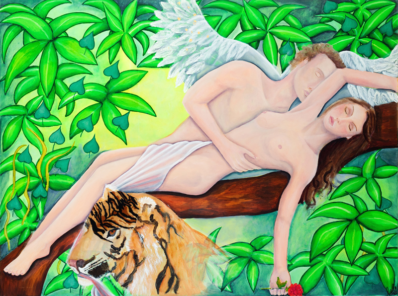 Poetische Malerei Frau Mann Engel Tiger Rose Liebe lLurette Ariane Laurette-art