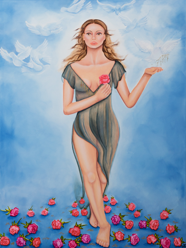Spirituelle Malerei Frau, Rosen Tauben Liebe Laurette Ariane Laurette-art