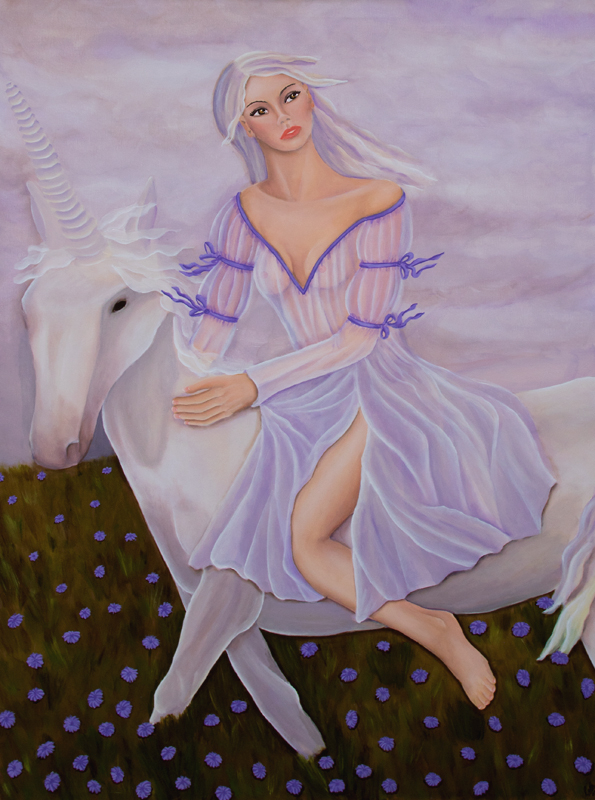 Poetischer Pop Surrealismus Frau Einhorn Blumen Laurette Ariane Laurette-art