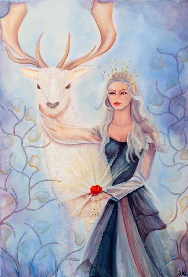 Spirituelle Poetische Kunst Malerei Frau Rose Weißer Hirsch Laurette Ariane Laurette-art