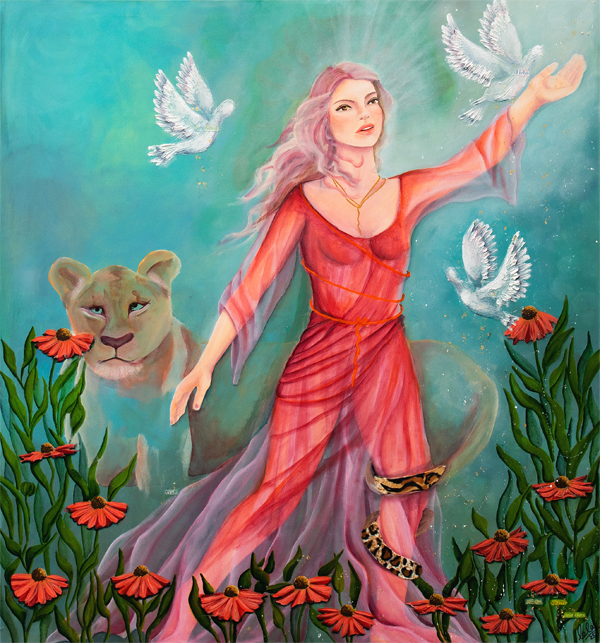 Spirituelle Poetische Kunst Malerei Frau Licht Blumen Tauben Löwe Laurette Ariane Laurette-art